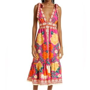 Farm Rio Pink Flower Tapestry Midi Dress